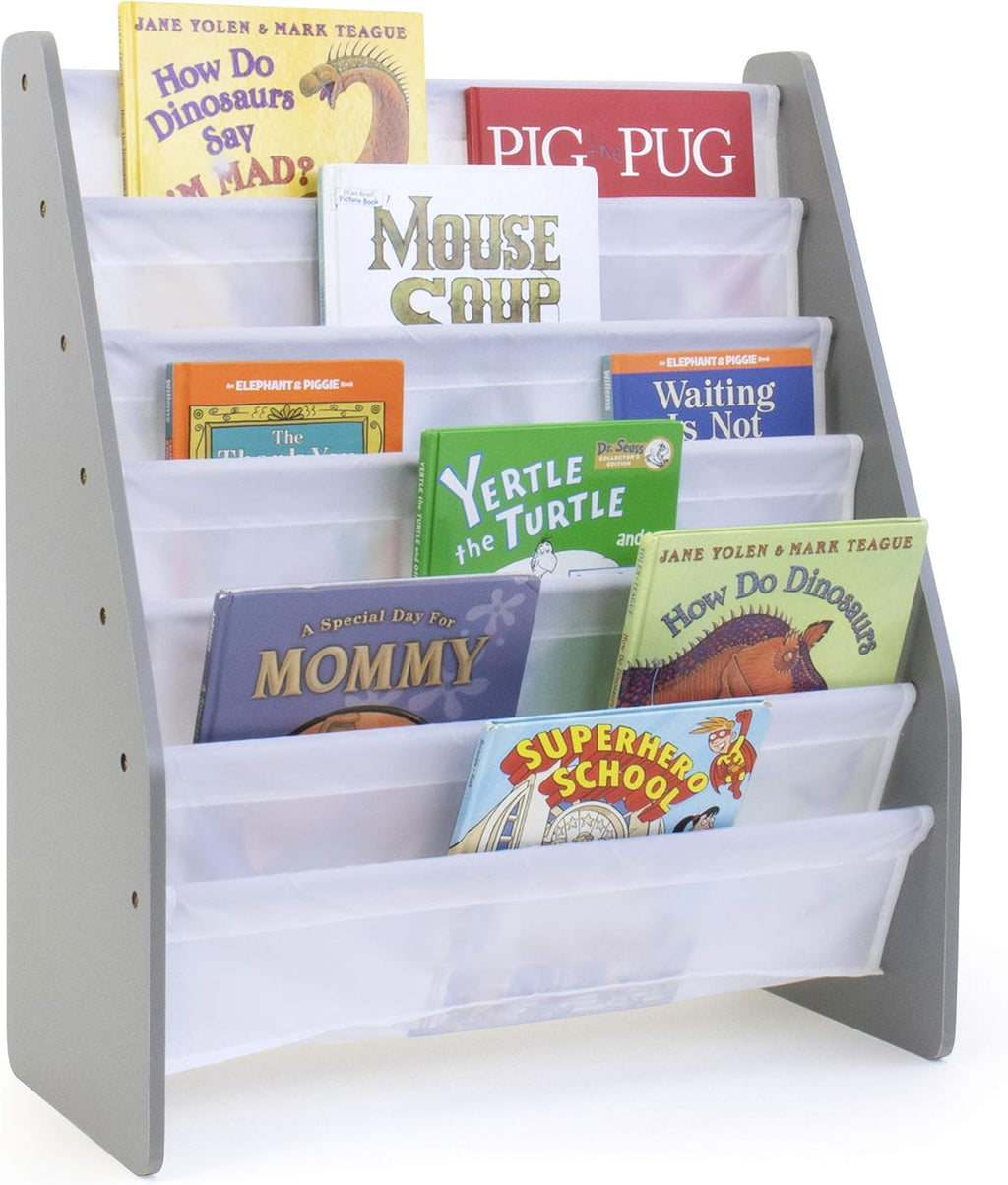Humble Crew Kids Wood Table and 4 Chair Set, Grey & Kids Super Sized Bookshelf 6 Tier Book Rack Organizer, Grey/White