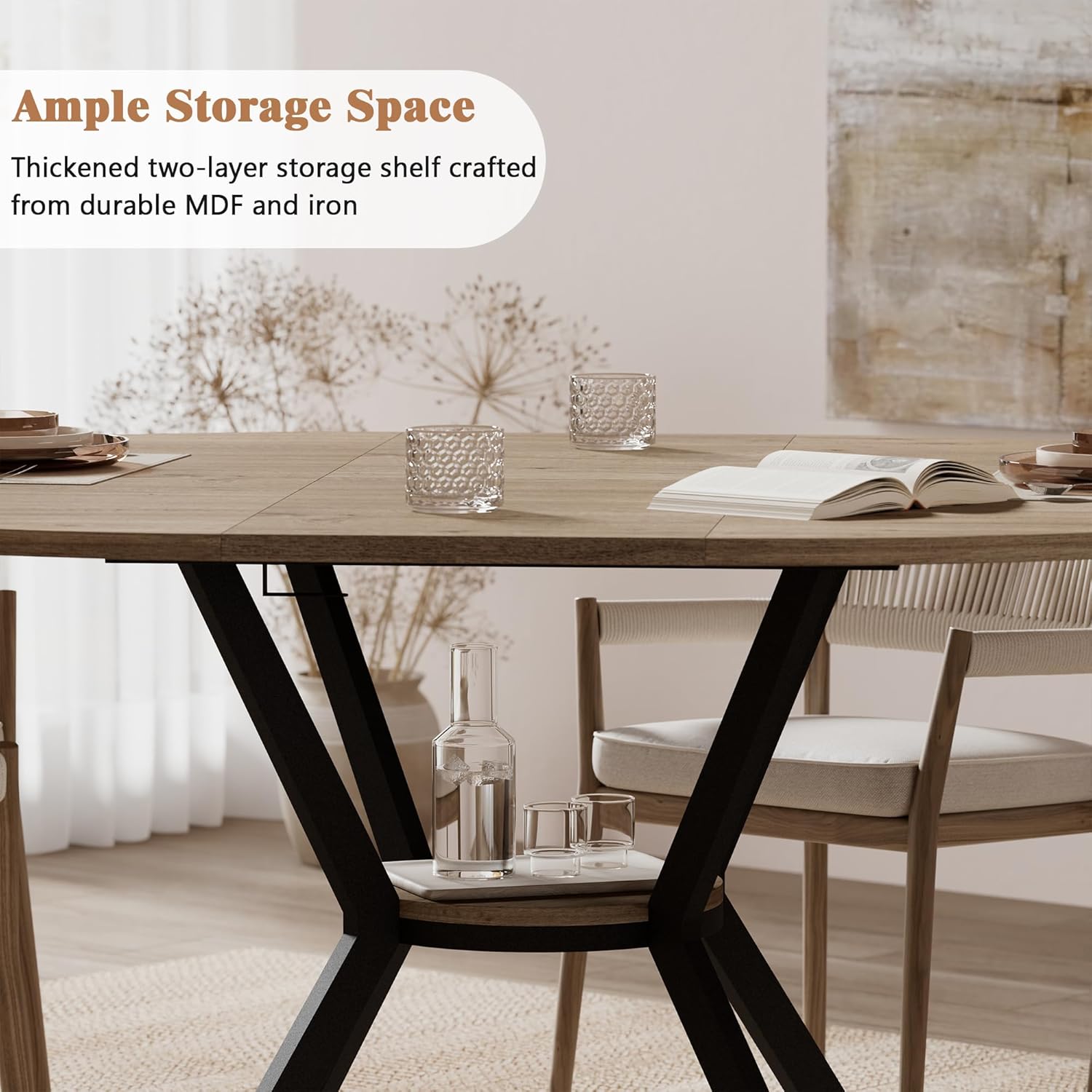 42"-58" Extendable Round Dining Table for 4-6, Kitchen Oval Table with Built-in Flip Leaf & Storage Shelf, Space Saving Modern Design with Sturdy Metal Legs for Kitchen, Living Room & Small Apartments