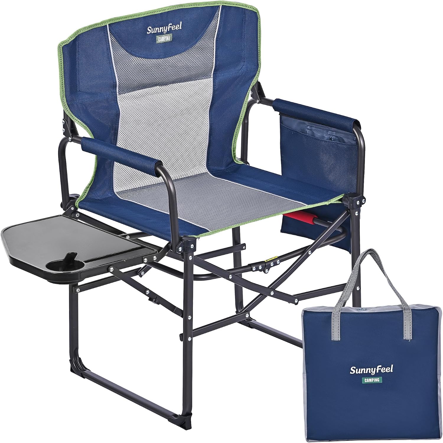 SUNNYFEEL Oversized Camping Chair Portable Directors Chairs with Side Table | Heavy Duty Folding Lawn Chair for Adults 300LBS with Compact Size, Breathable Mesh, Pocket & Carry Bag for Outdoor, Lawn, RV