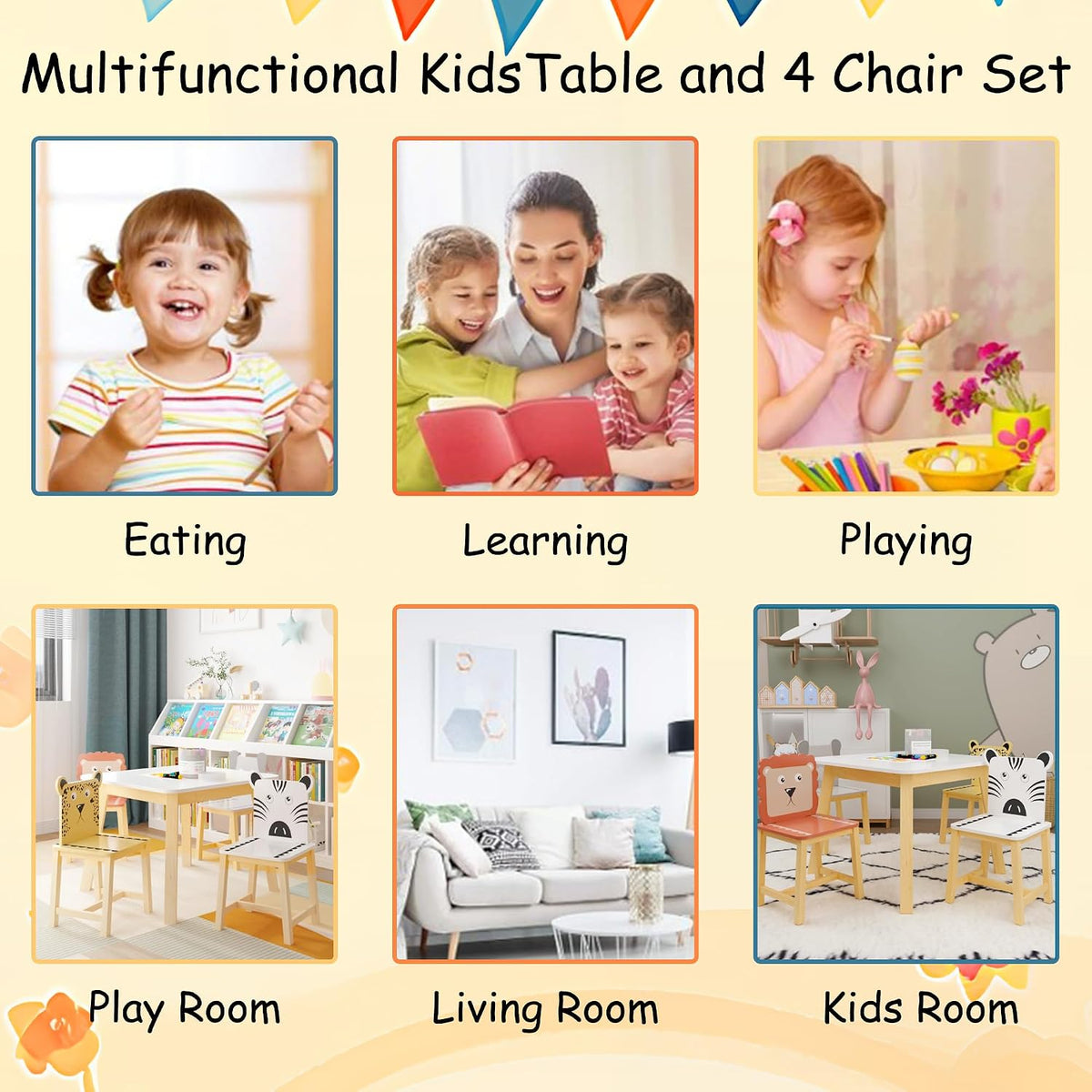 5 Pieces Table and Chair Set, Cartoon Animals Pattern Activity Play Set with Solid Wood Legs, Wooden Furniture for Playroom, Daycare & Kindergarten