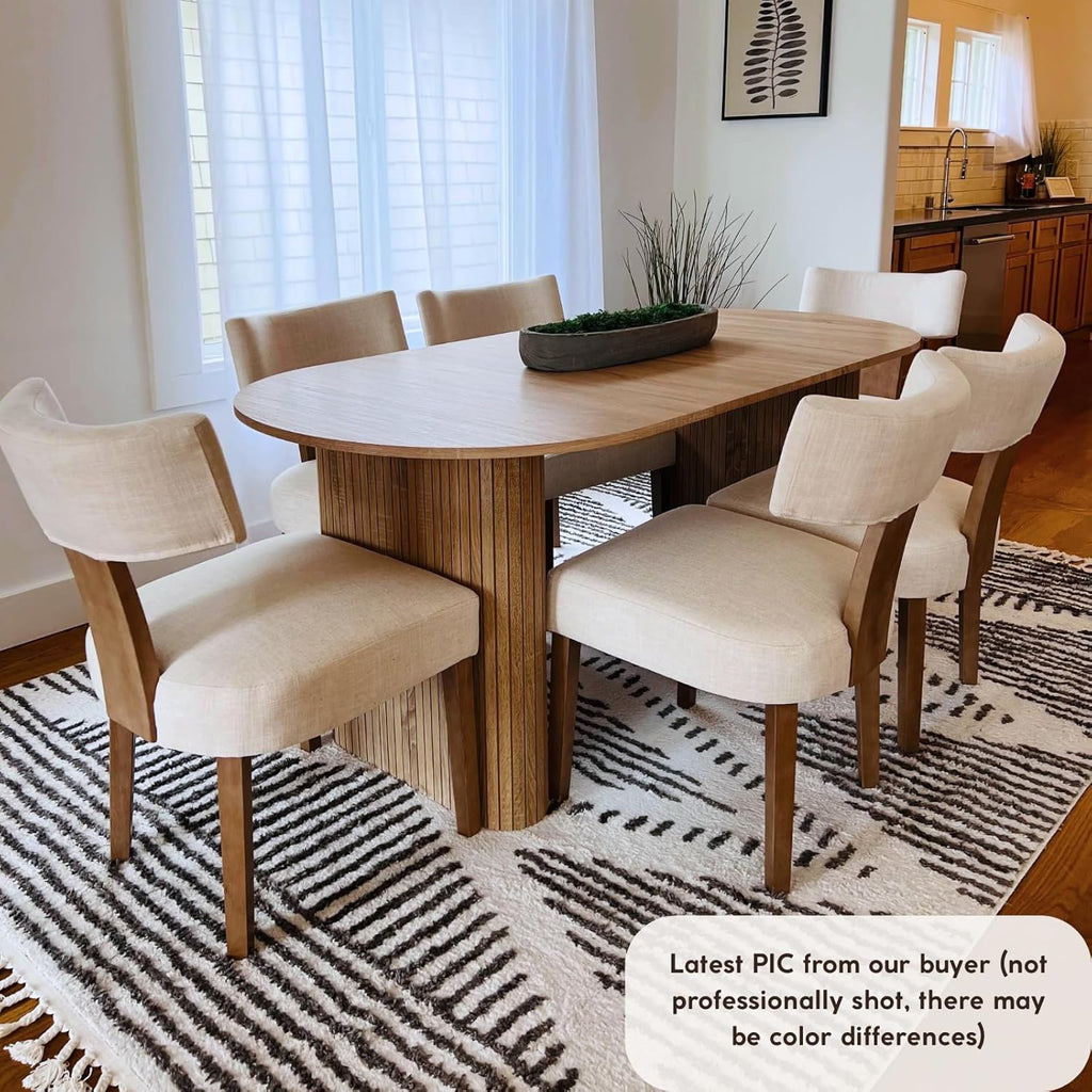 Modern Upholstered Dining Chairs Set of 6, Curved Mid Back, Farmhouse Beige Linen Dining Room Chairs, Natural Wooden Armless Side Chair for Small Space/Kitchen/Restaurant