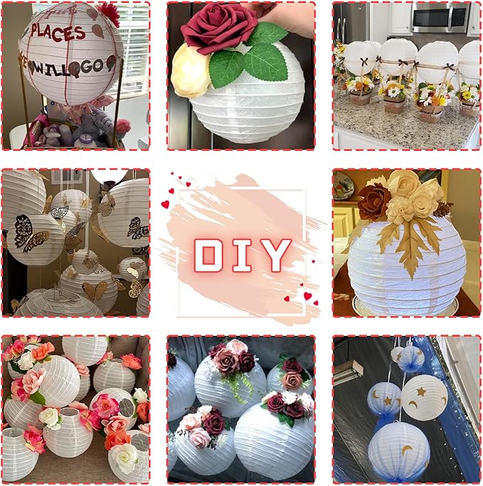 12Pcs Round Paper Lanterns Assorted Sizes (6" 8" 10" 12") for Home Decor, Restaurant, Church, Wedding, Birthday Party Decorations, Hanging Chinese Japanese Paper Lantern Lamps (White and Red)