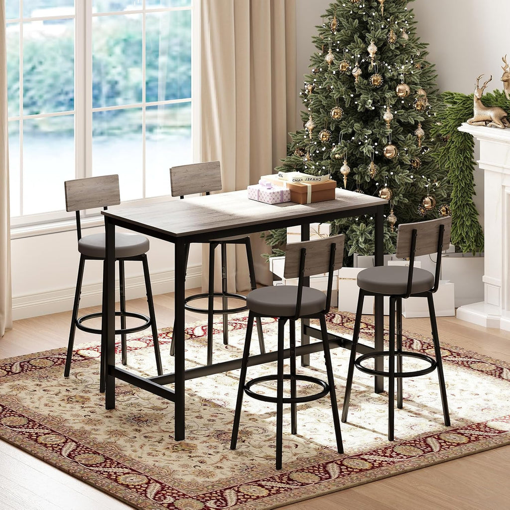Zevemomo Dining Table Set for 4, 5-Piece Bar Table Set, Kitchen Table and Chairs, Counter Height High Top Table with 4 PU Upholstered Stools, Space-Saving Pub Table Sets for Small Space, Gray