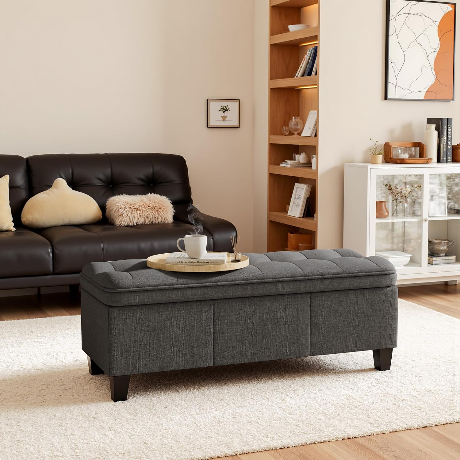 YESHOMY 47 Inches Ottoman with Storage, Storage Bench with Legs, Ottomans for Living Room, Entryway, Adjustable & Movable, Easy Assembly, Dark Gray Textured