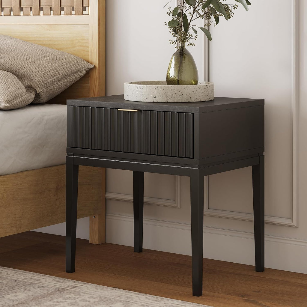 Nathan James Jasper Boho Side Table, Solid Wood Bedroom Nightstand or Bedside Table with Drawer with Fluted Doors and Brass Handles, Black