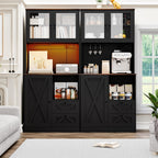 71‘’Kitchen Pantry Storage Cabinet with LED Lights and Power Outlet, Tall Farmhouse Kitchen Hutch with Microwave Stand,Globet Hooks and Adjustable Shelf for Dining Living Room,Black