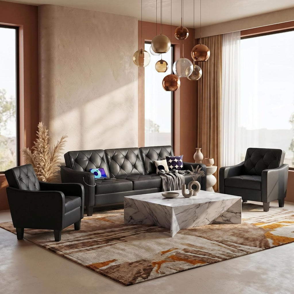 83" Black Faux Leather 3 Seater Couch, Mid Century Tufted Sofa Living Room | STHOUYN Office Couch, Tufted Design, High Resilience Foam, 700 lb Capacity, Easy Assembly, Waiting Room Area, Small Couches