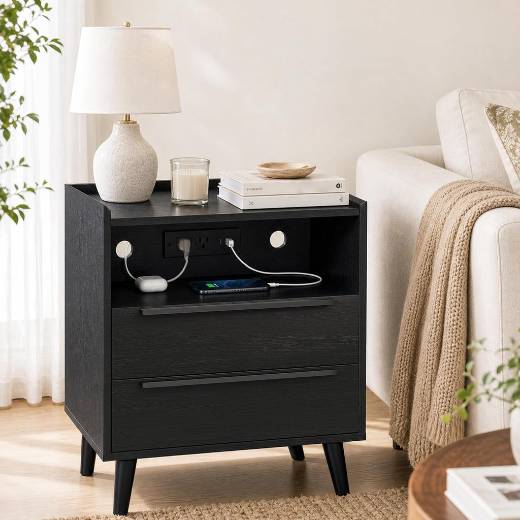 26 Inch Tall Black Oak Nightstands Set of 2 with Charging Station | Matching pair for a streamlined bedroom look; each 24 inch wide table has tray top, open shelf, and 2 drawers