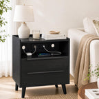 26 Inch Tall Black Oak Nightstands Set of 2 with Charging Station | Matching pair for a streamlined bedroom look; each 24 inch wide table has tray top, open shelf, and 2 drawers