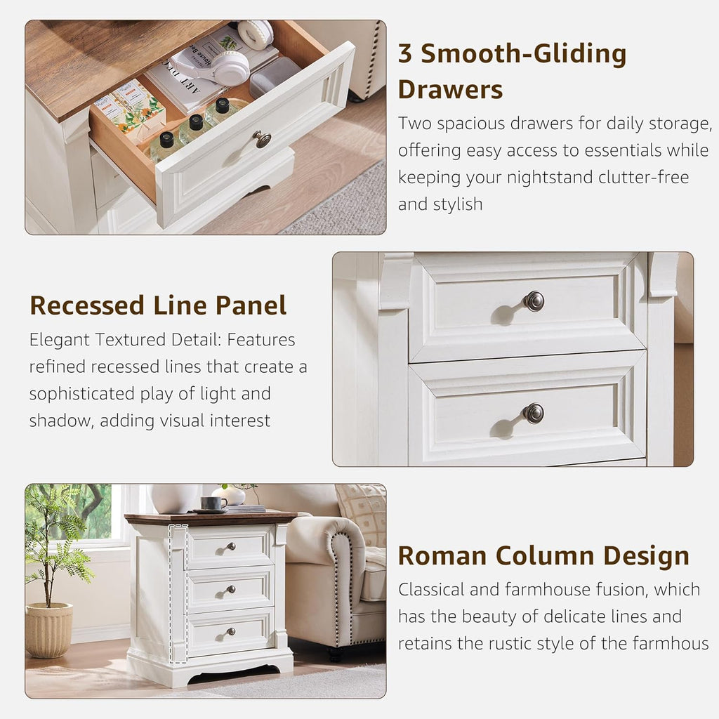 Farmhouse 26"H Nightstand Set of 2, 23.6"W End Table with Charging Station | 3 Drawers Storage, Wood Side Table w/Roman Column, Bedside Cabinet for Bedroom, Living Room, Antique White
