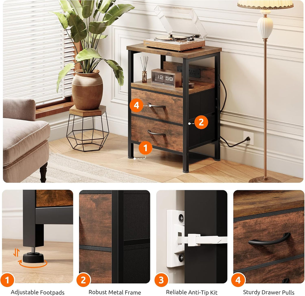 Lazzanto Night Stand with Charger Station for Bedroom, Brown Nightstand | Bedside Table, Open Shelf, 2 Fabric Drawers, Built in USB-A, USB-C Port & AC Outlets, For Dorm, Living Room, Bedroom