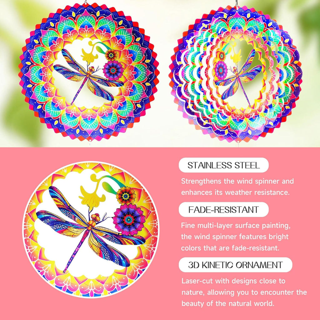 Dragonfly Mandala Wind Spinners Garden Yard Decor Gift for Women Men, 12 Inch Outdoor Metal 3D Wind Spinner, Stainless Steel Hanging Wind Catchers Kinetic Sculpture for Outside Decoration