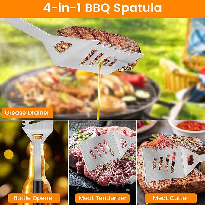Grill Accessories Kit, Stainless Steel Grill Tool Set with 4-in-1 BBQ Spatula, Fork, Tong, Brush, Skewers, Silicone Corn Holders, Grilling Gift Set for Men and Women