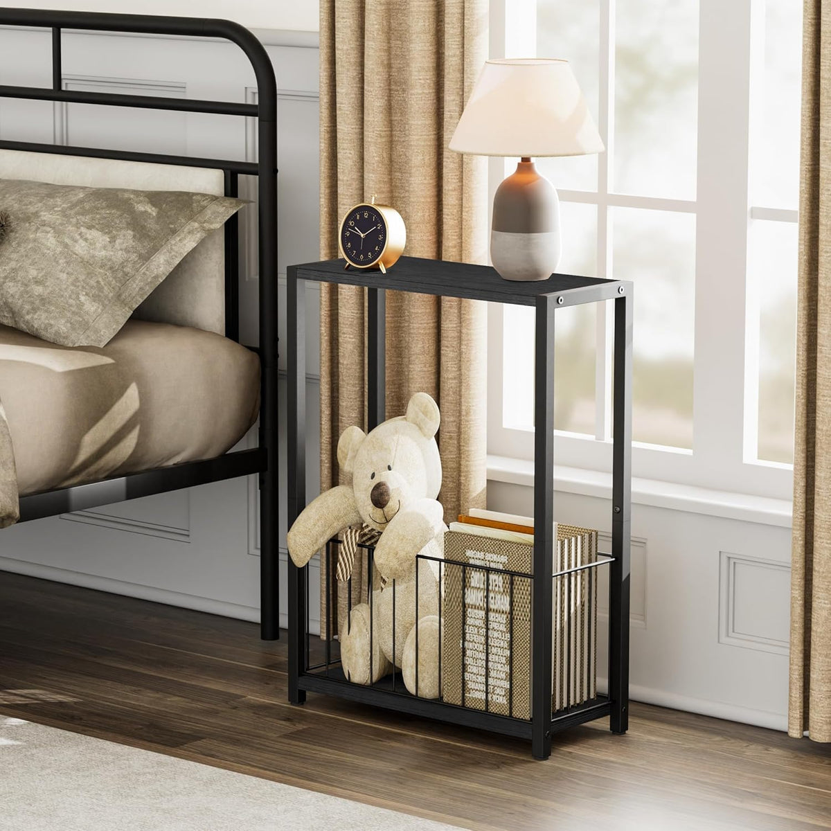 Homleke Narrow Side Table with Magazine Holder, Skinny End Table Perfect for Small Spaces, Space-Saving Design for Living Room, Bedroom, or Office, 7.1" D x 16.9" W x 23.6" H, Black