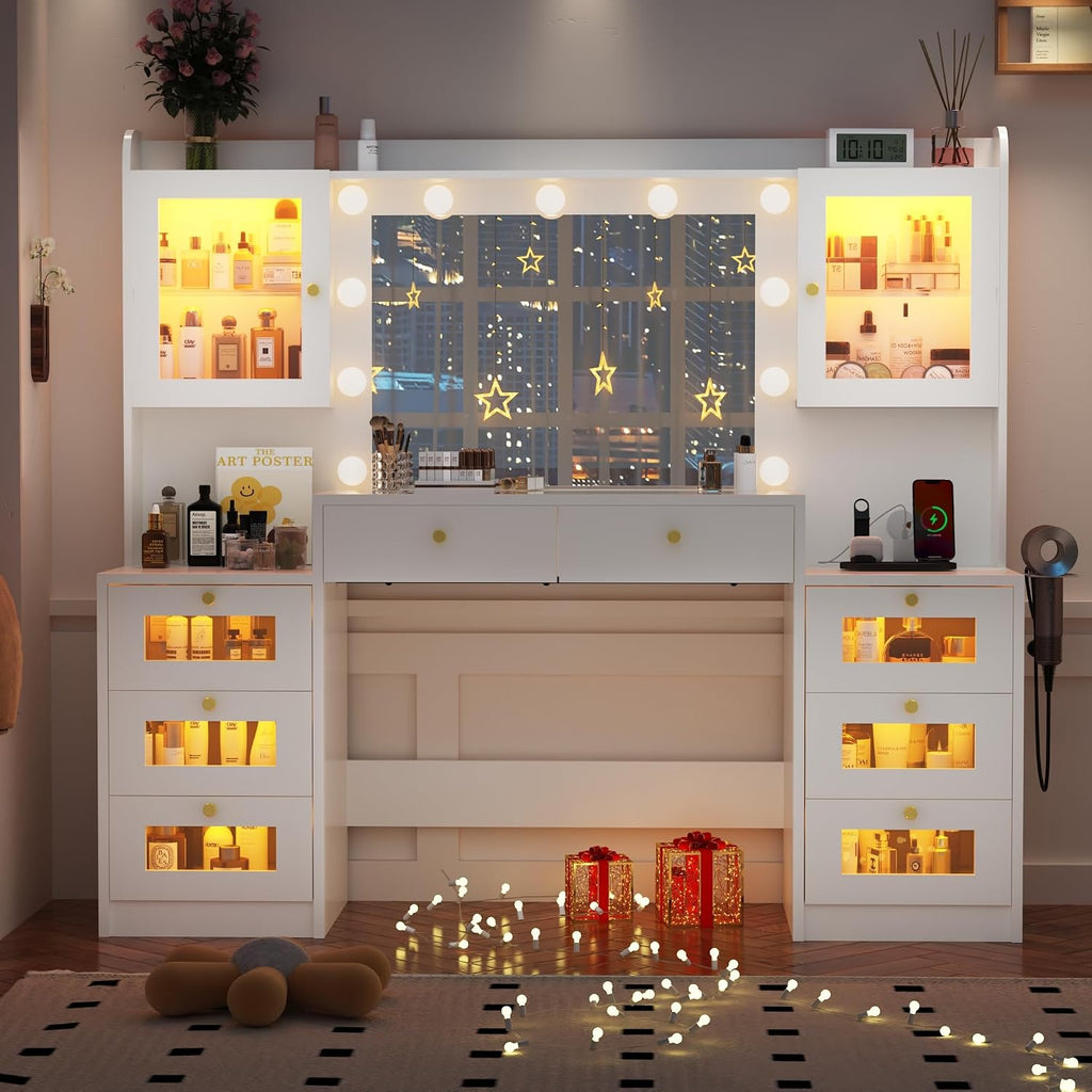 62 Inch Large Makeup Vanity Desk with Mirror and Lights 3 Color Lighting, Glass Top Vanity Table with Power Outlet and RGB Glass Cabinet, 8 Drawers Dressing Table for Bedroom and Dressing Room, White