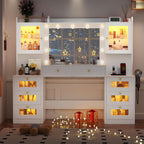 62 Inch Large Makeup Vanity Desk with Mirror and Lights 3 Color Lighting, Glass Top Vanity Table with Power Outlet and RGB Glass Cabinet, 8 Drawers Dressing Table for Bedroom and Dressing Room, White