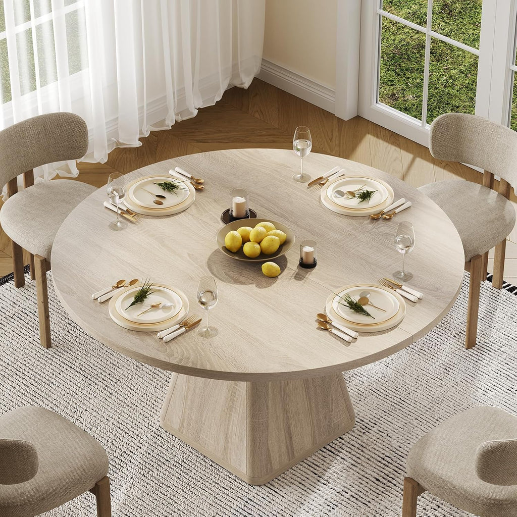 ONBRILL 47 Inch Round Dining Table for 4-6,Square Pedestal Base,Oak | Circle Kitchen Table with Thickened Tabletop, Modern Dining Room Tables, Dinner Tables for Kitchen Small Space (Table Only)