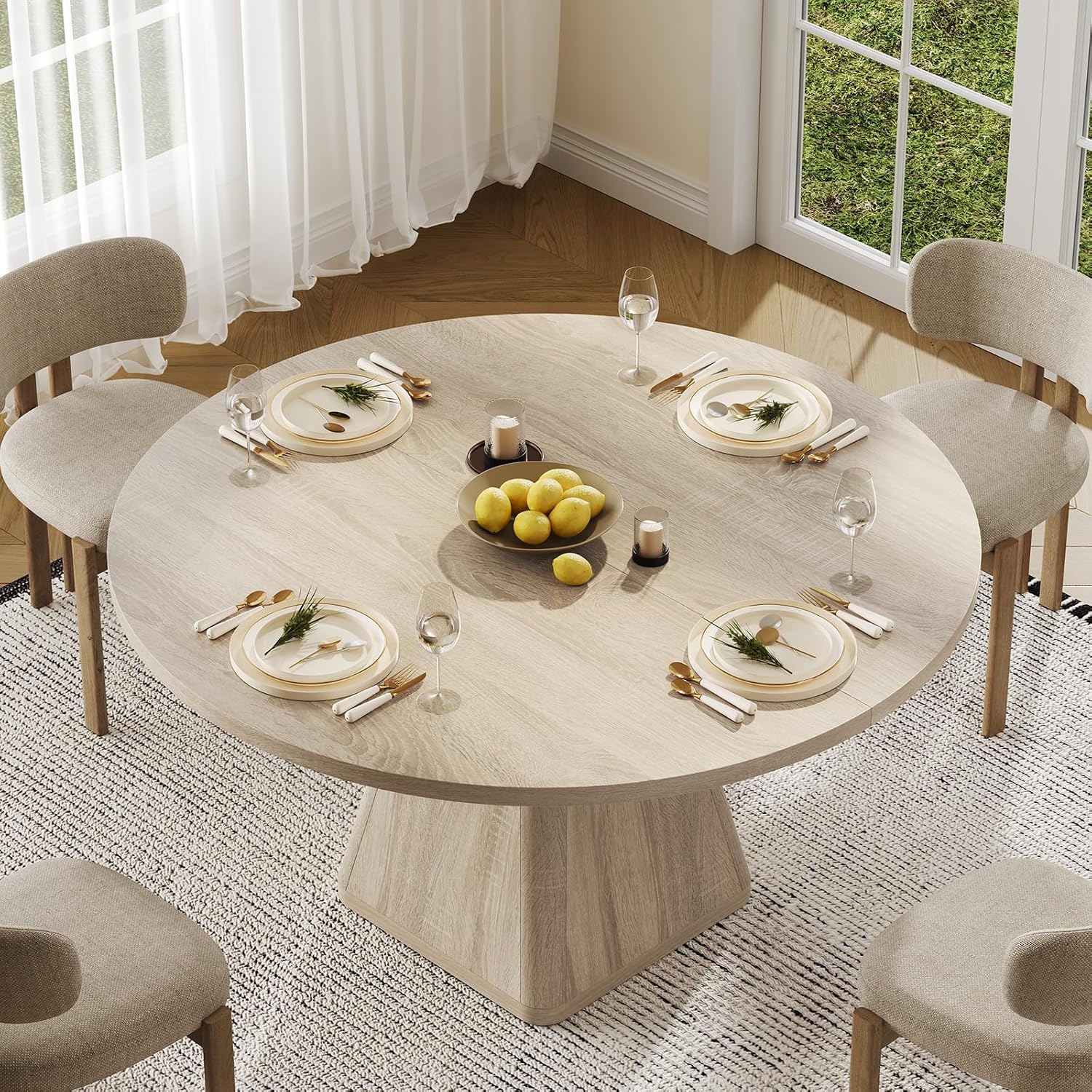 ONBRILL 47 Inch Round Dining Table for 4-6,Square Pedestal Base,Oak | Circle Kitchen Table with Thickened Tabletop, Modern Dining Room Tables, Dinner Tables for Kitchen Small Space (Table Only)