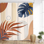 Glawry Abstract Tropical Shower Curtain Watercolor Navy Blue Brown Boho Palm Leaf Simple Minimalist Chic Bathroom Modern Botanical 60Wx72L Inches Bath Accessories Art Home Decor Fabric 12 Pack Hooks
