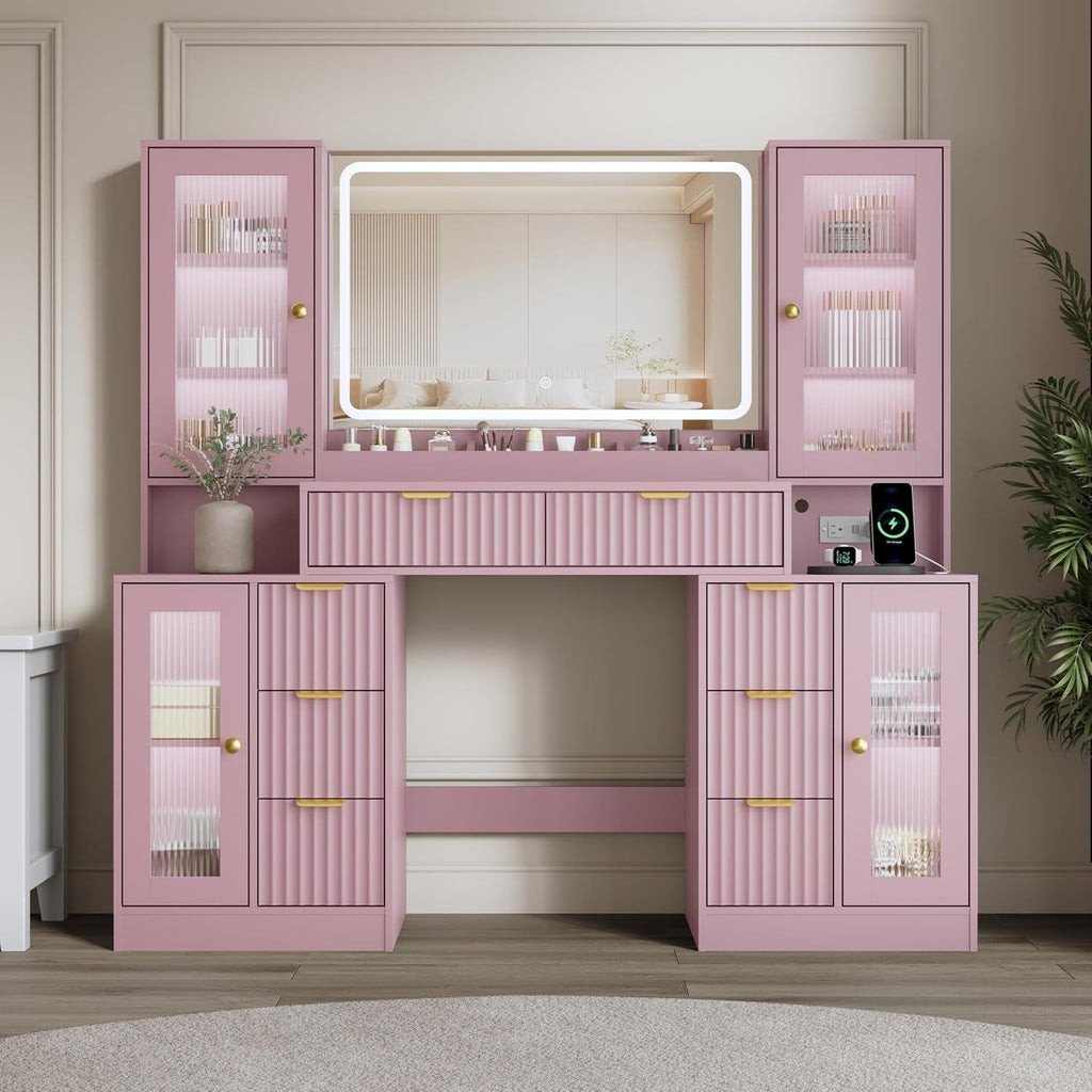 55" Vanity Desk with Mirror & Lights, Fluted Makeup Vanity with 8 Drawers & 4 Cabinets, Tempered Glass Top, RGB Cabinet Lighting, 3-Color Dimmable Mirror, and Charging Station