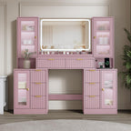 55" Vanity Desk with Mirror & Lights, Fluted Makeup Vanity with 8 Drawers & 4 Cabinets, Tempered Glass Top, RGB Cabinet Lighting, 3-Color Dimmable Mirror, and Charging Station