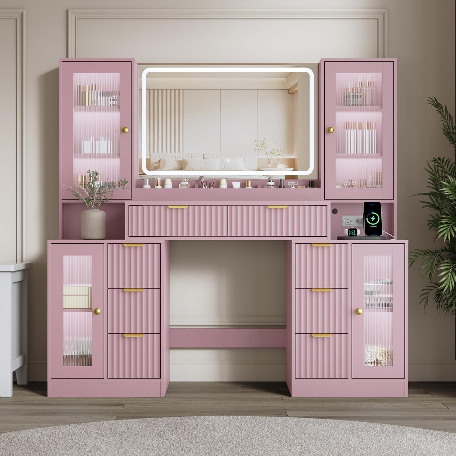 55" Vanity Desk with Mirror & Lights, Fluted Makeup Vanity with 8 Drawers & 4 Cabinets, Tempered Glass Top, RGB Cabinet Lighting, 3-Color Dimmable Mirror, and Charging Station