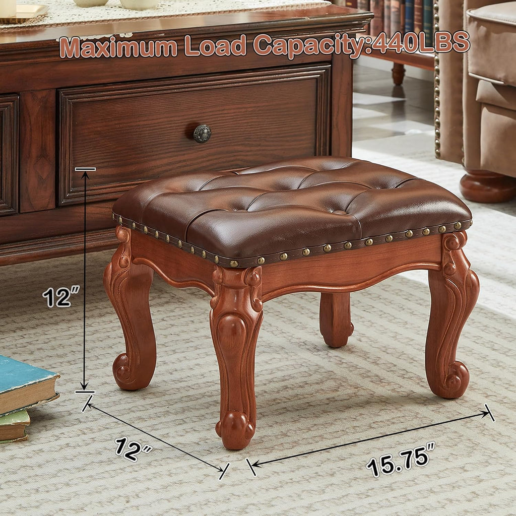 Foot Stools Ottoman, Small Vintage Leather Footstool for Living Room, Solid Wooden Ottoman Foot Rest,Shoe Change Bench at the Entrance (Warm Brown)