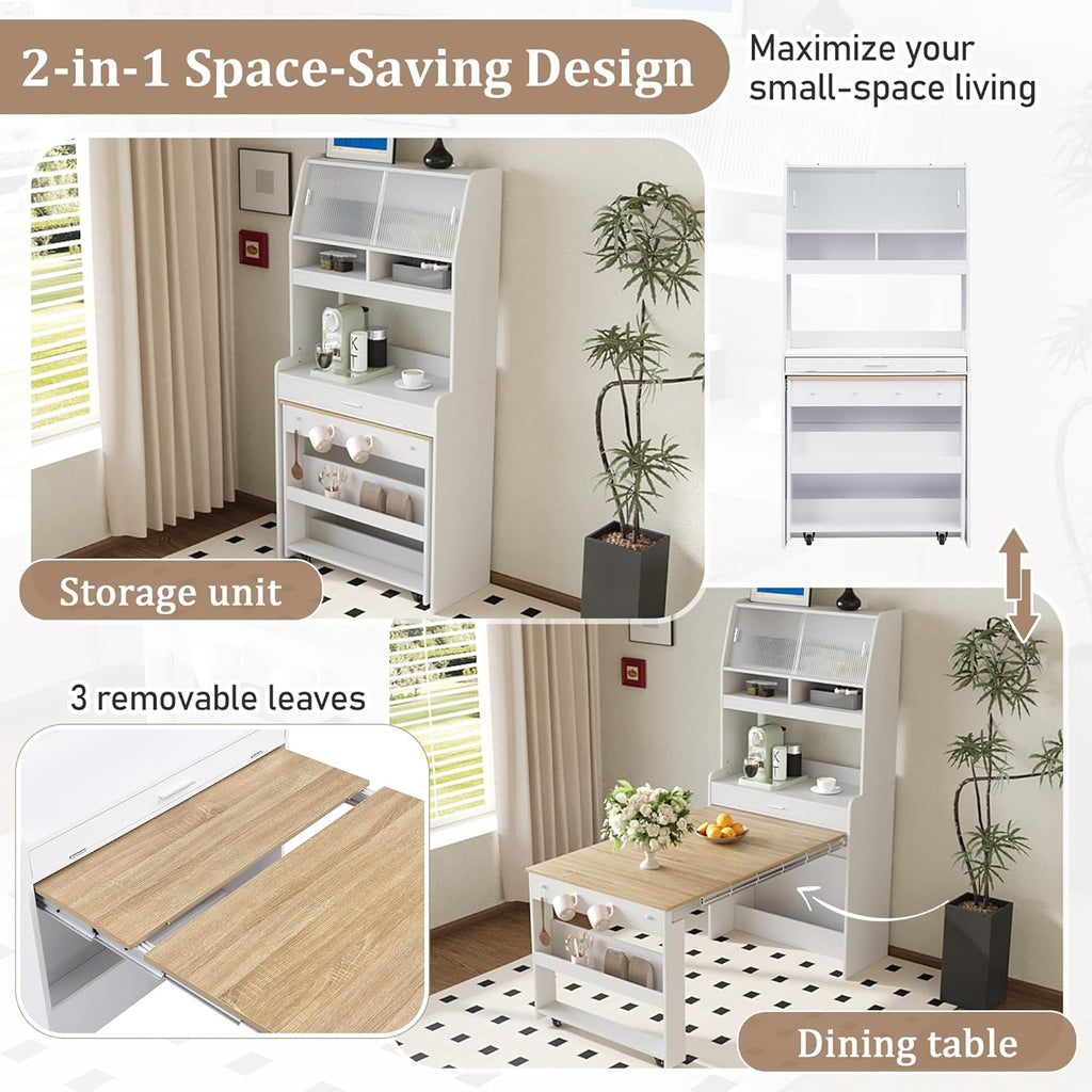 Spaco 2-in-1 Folding Dining Table and Buffet Cabinet Set,Compact Pull-Out Kitchen Table with Wheels,Storage Shelf and Side Hooks,Multifunctional Cupboard for Small Place (White & Oak)