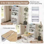 Spaco 2-in-1 Folding Dining Table and Buffet Cabinet Set,Compact Pull-Out Kitchen Table with Wheels,Storage Shelf and Side Hooks,Multifunctional Cupboard for Small Place (White & Oak)
