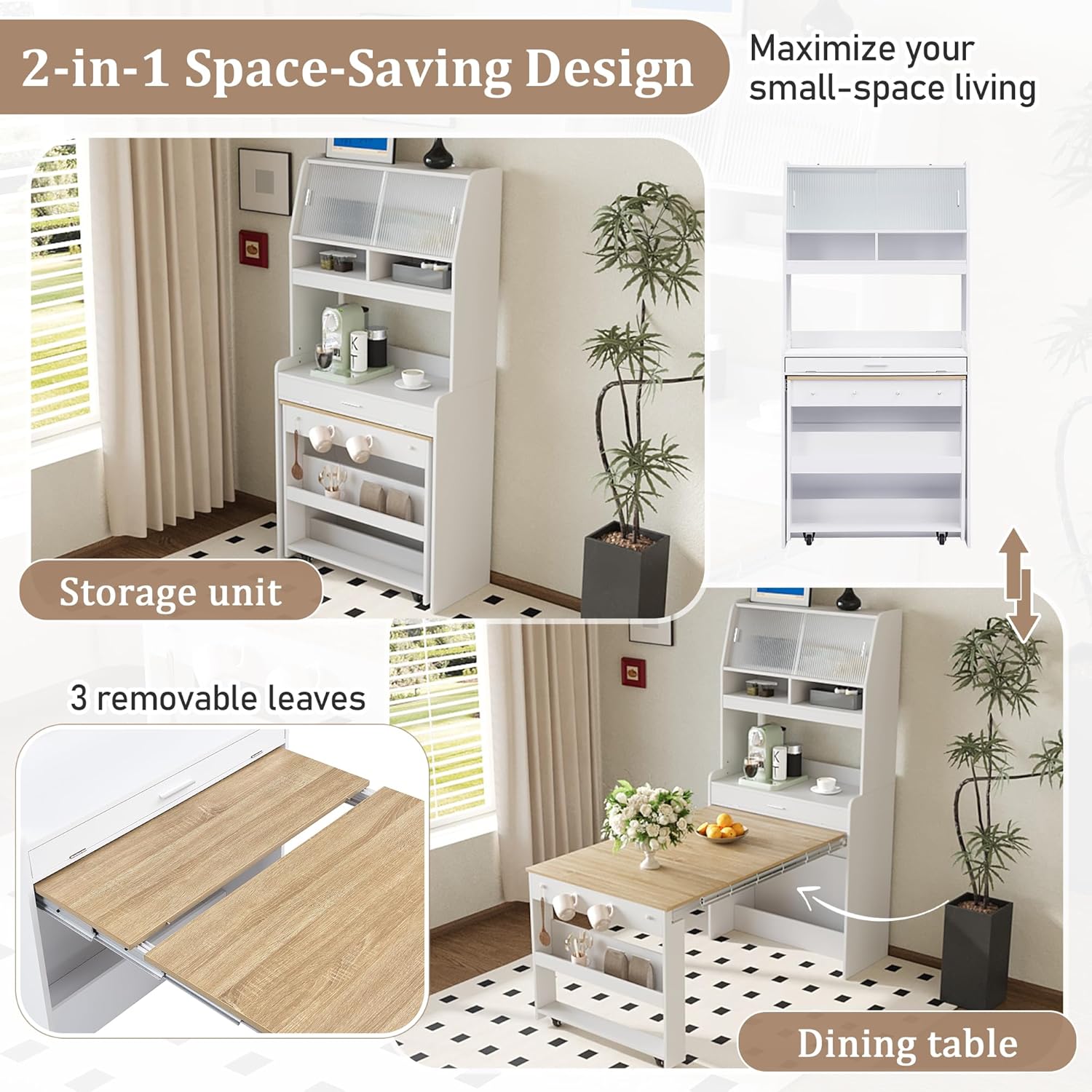 Spaco 2-in-1 Folding Dining Table and Buffet Cabinet Set,Compact Pull-Out Kitchen Table with Wheels,Storage Shelf and Side Hooks,Multifunctional Cupboard for Small Place (White & Oak)