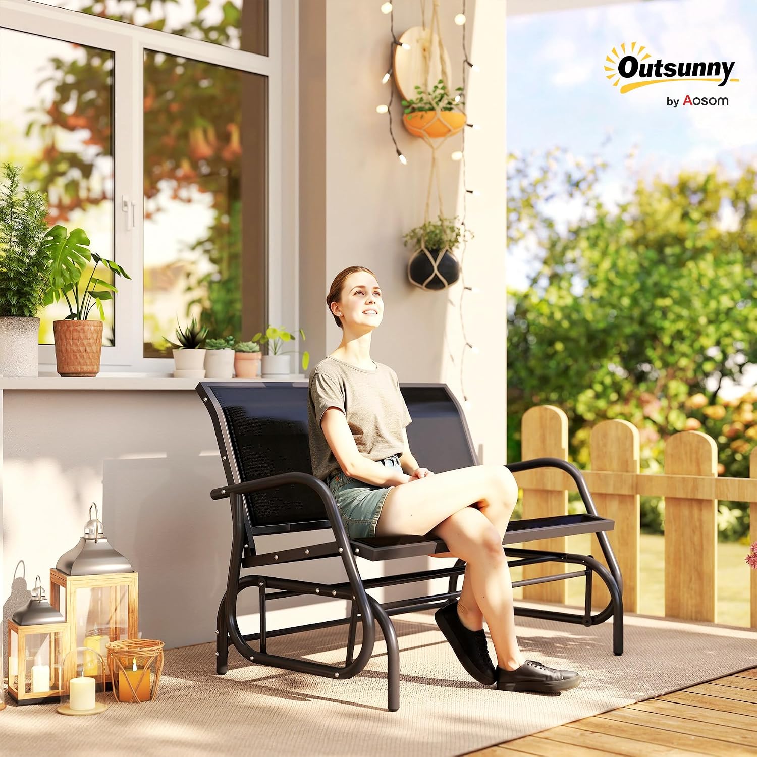 Outsunny 2-Person Outdoor Glider Bench with Steel Frame, Black | Double Swing Rocking Chair, Loveseat, for Outside Patio, Backyard, Garden, Porch, Powder Coated