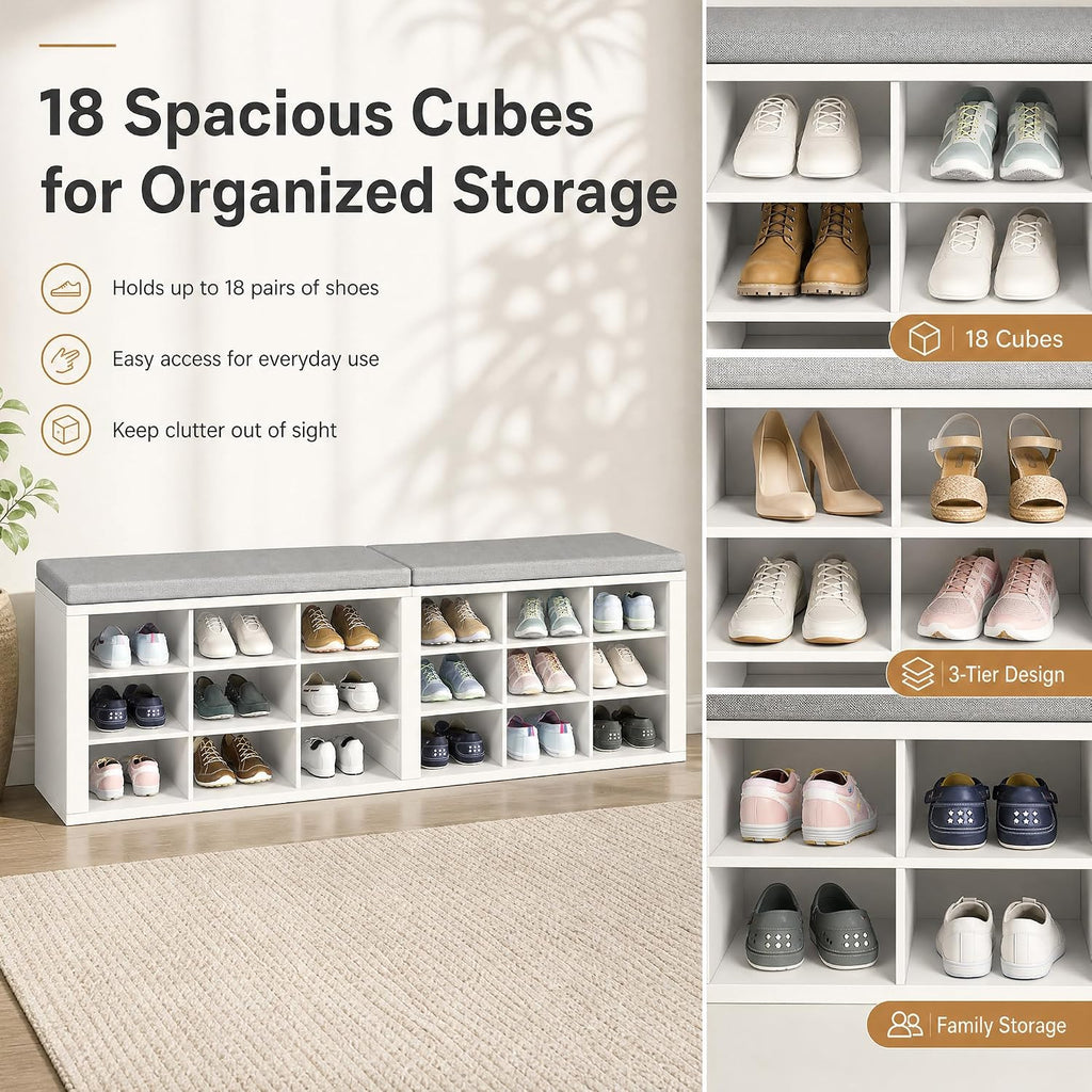 Shoe Storage Bench with Padded Seat, 18-Cubby Shoe Organizer for Entryway, 59.1" Long 700 lb Capacity, for Living Room, Bedroom, Hallway (Whiteboard with Light Gray, Linen, Sponge)
