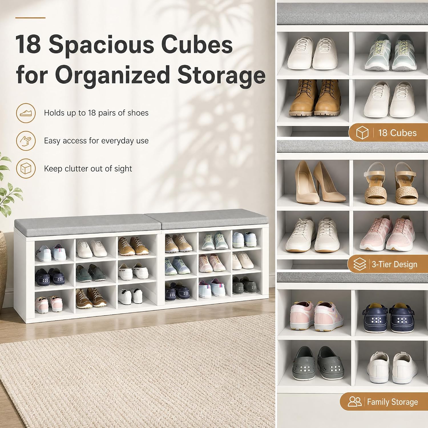 Shoe Storage Bench with Padded Seat, 18-Cubby Shoe Organizer for Entryway, 59.1" Long 700 lb Capacity, for Living Room, Bedroom, Hallway (Whiteboard with Light Gray, Linen, Sponge)