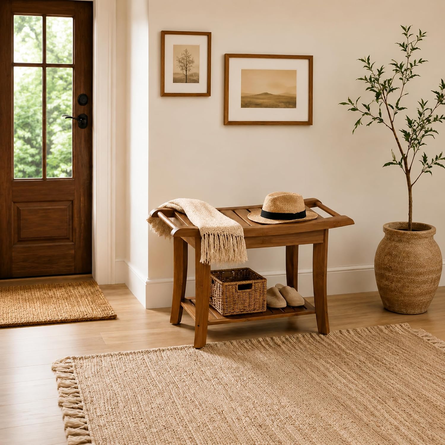 Bamboo Entryway Bench with Storage Shelf, Ergonomic Curved Seat & Side Handles, Walnut Finish Wooden Shoe Bench for Entryway, Bedroom, Bathroom & Living Room, Small Space Seating, Supports 300 LBS
