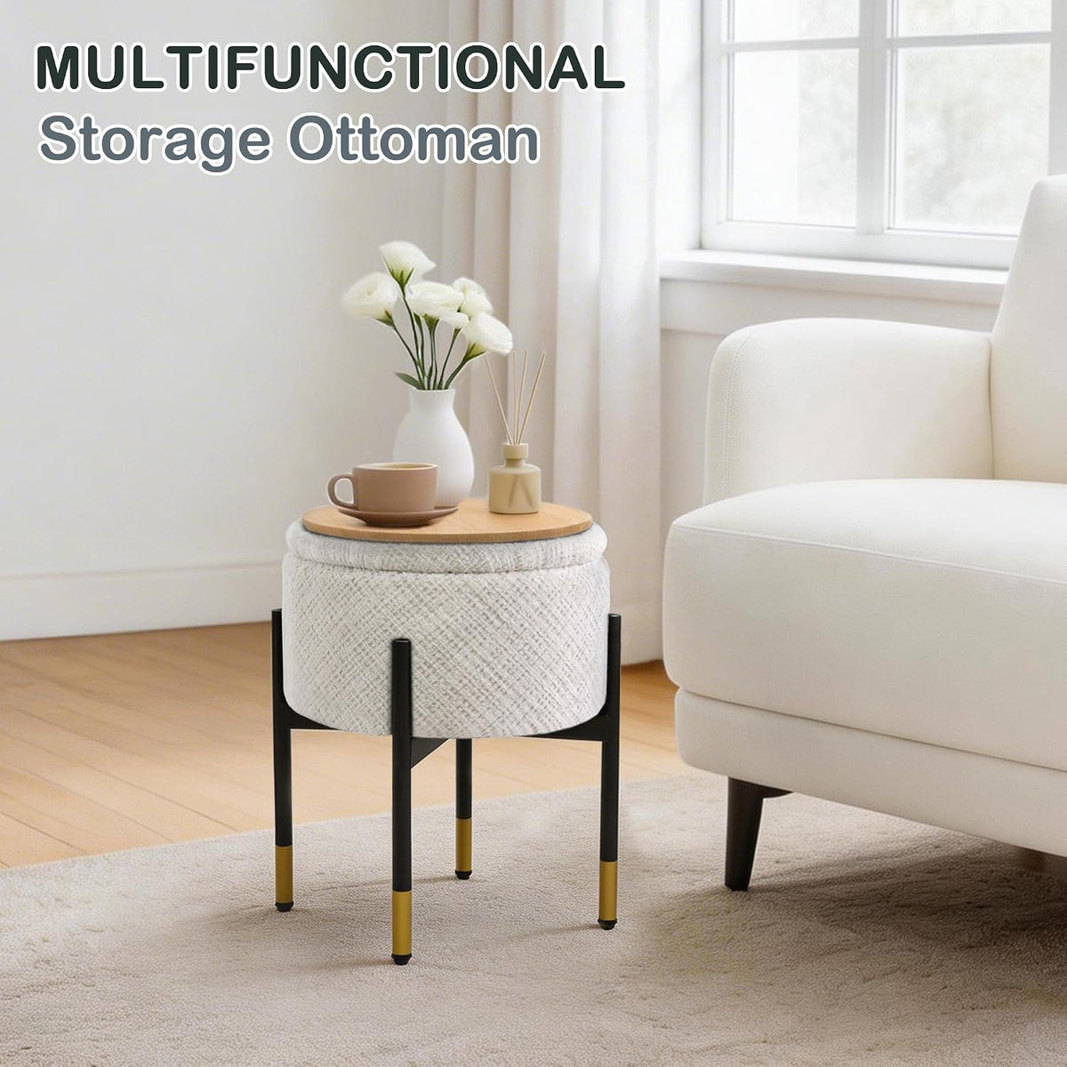 CAROLMADE Round Ottoman with Storage, Velvet Makeup Vanity Stool, Small Ottoman Foot Stool with Coffee Table and Metal Legs for Living Room, Bedroom and Dorm, Beige