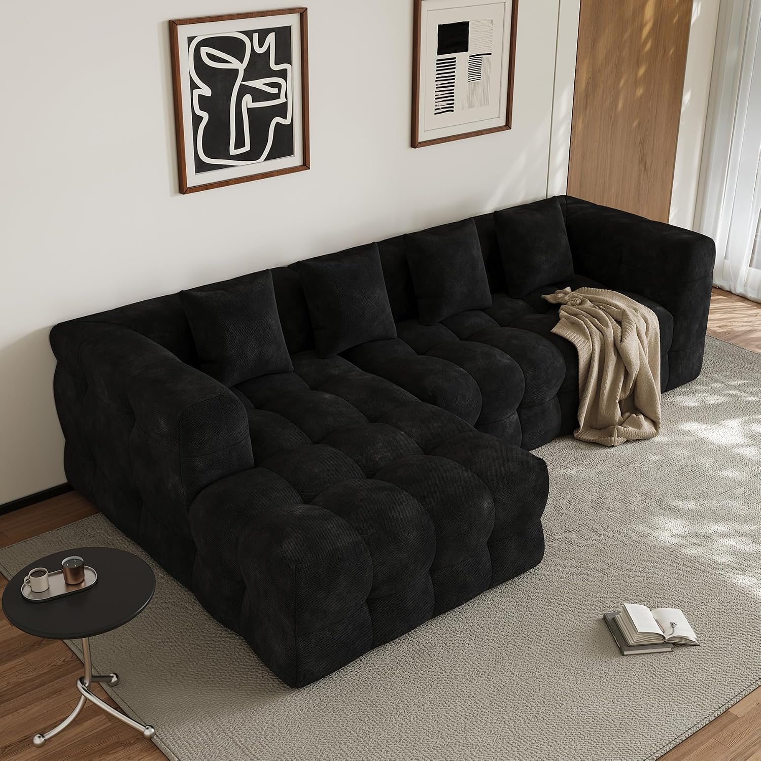 120" Oversized Modular Sectional Couch,Cloud Sectional Sofa with Deep Seat, Modern Modular Couch with 4 Throw Pillows,L-Shaped Chenille Sofa Couches with Left Facing Chaise for Living Room, Black