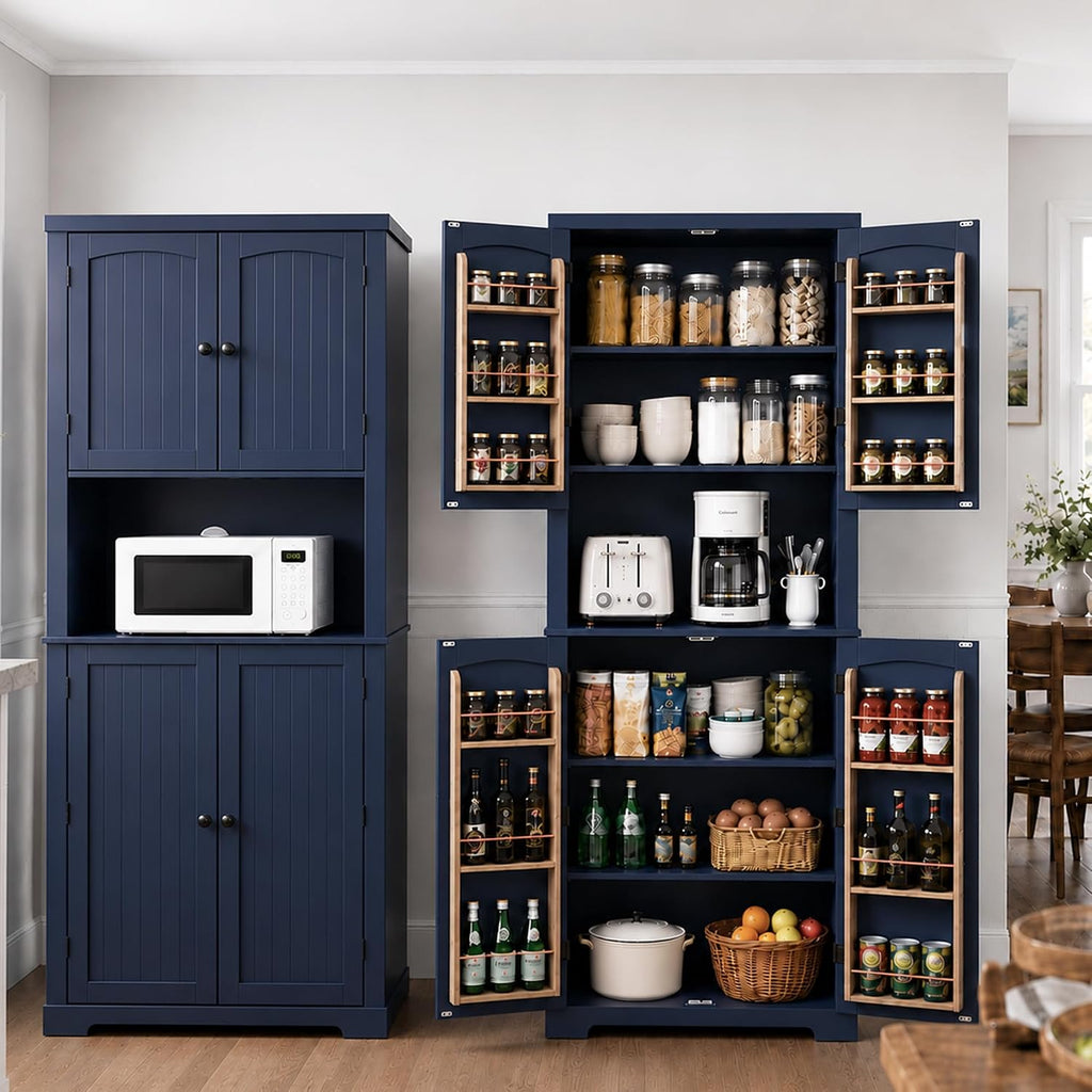 HLR 72" Freestanding Beadboard Pantry Cabinet with Microwave Shelf | Multi‑Purpose Tall Microwave Stand with Storage, Space‑Saving Design Cabinet for Kitchen or Living Room, Navy Blue