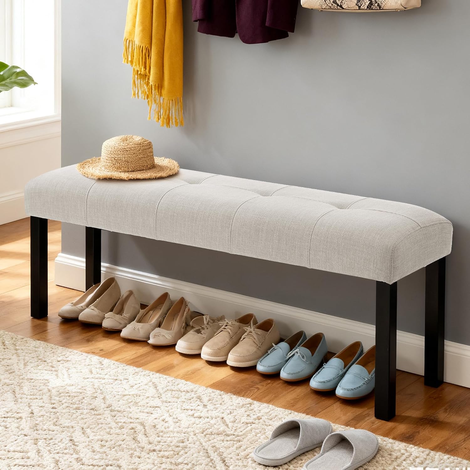 Dining Bench, Rubber Wood Dining Room Bench with Linen Upholstered Seat, for Kitchen, Living Room, Hallway, Kitchen, Entryway, Beige
