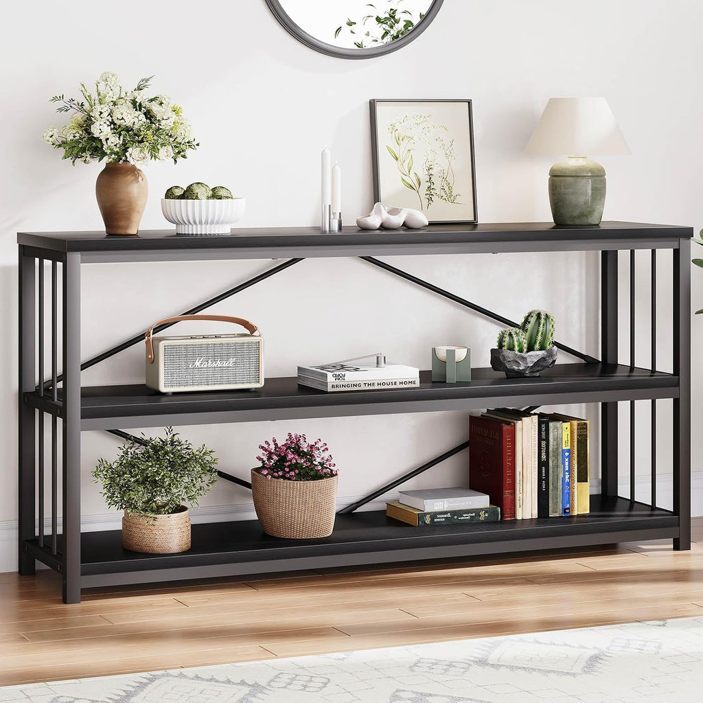 LVB Farmhouse Industrial Console Table for Home, Black Oak, 70 Inch | Wood Metal Foyer Entryway Sofa Tables with Storage, 3 Tier Long Rustic Entry Table TV Stand with Shelves for Home Living Room