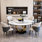 Montary 53” Modern Round Dining Table for 4-8 Seat, Artificial Marble Dining Room Table with Lazy Susan, 3 Gold Circles Stainless Steel Base, Sintered Stone Top Dining Table (Only Table)