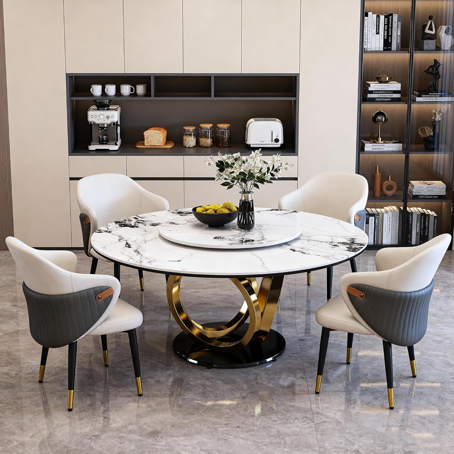 Montary 53” Modern Round Dining Table for 4-8 Seat, Artificial Marble Dining Room Table with Lazy Susan, 3 Gold Circles Stainless Steel Base, Sintered Stone Top Dining Table (Only Table)