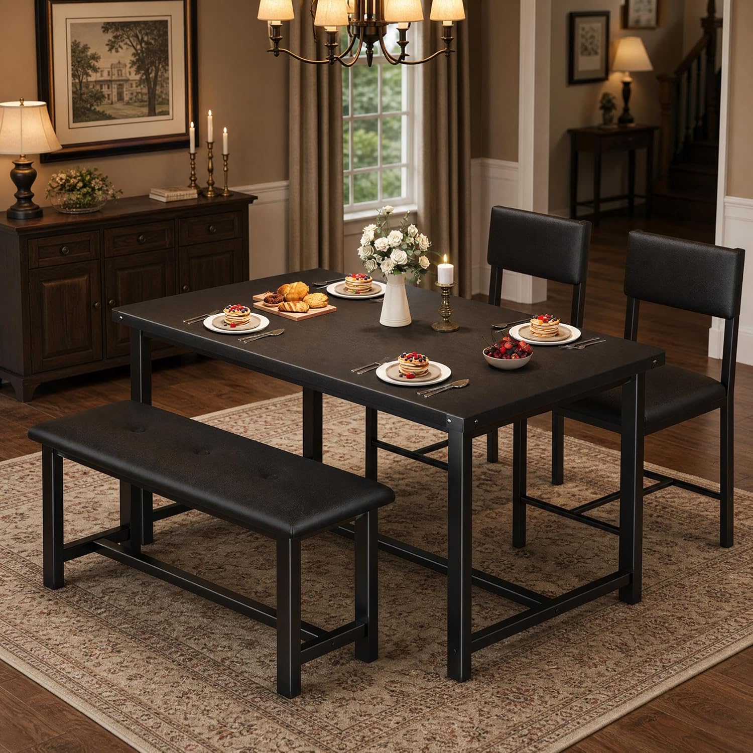 GarveeHome Dining Table Set for 4 with 2 Upholstered Chairs and Bench, 4 Piece Wood Kitchen Table Set for Small Spaces, Apartment and Dining Room, Retro Black