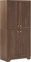 Crosley Furniture Naomi Modern Reeded Kitchen Pantry Storage Cabinet, Dining, Laundry Room, Bathroom, Walnut