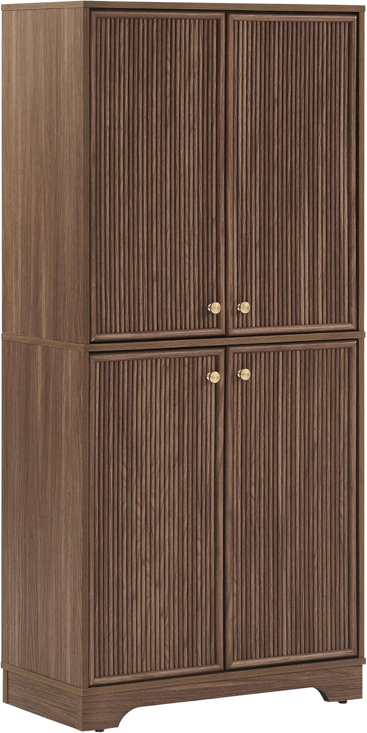 Crosley Furniture Naomi Modern Reeded Kitchen Pantry Storage Cabinet, Dining, Laundry Room, Bathroom, Walnut