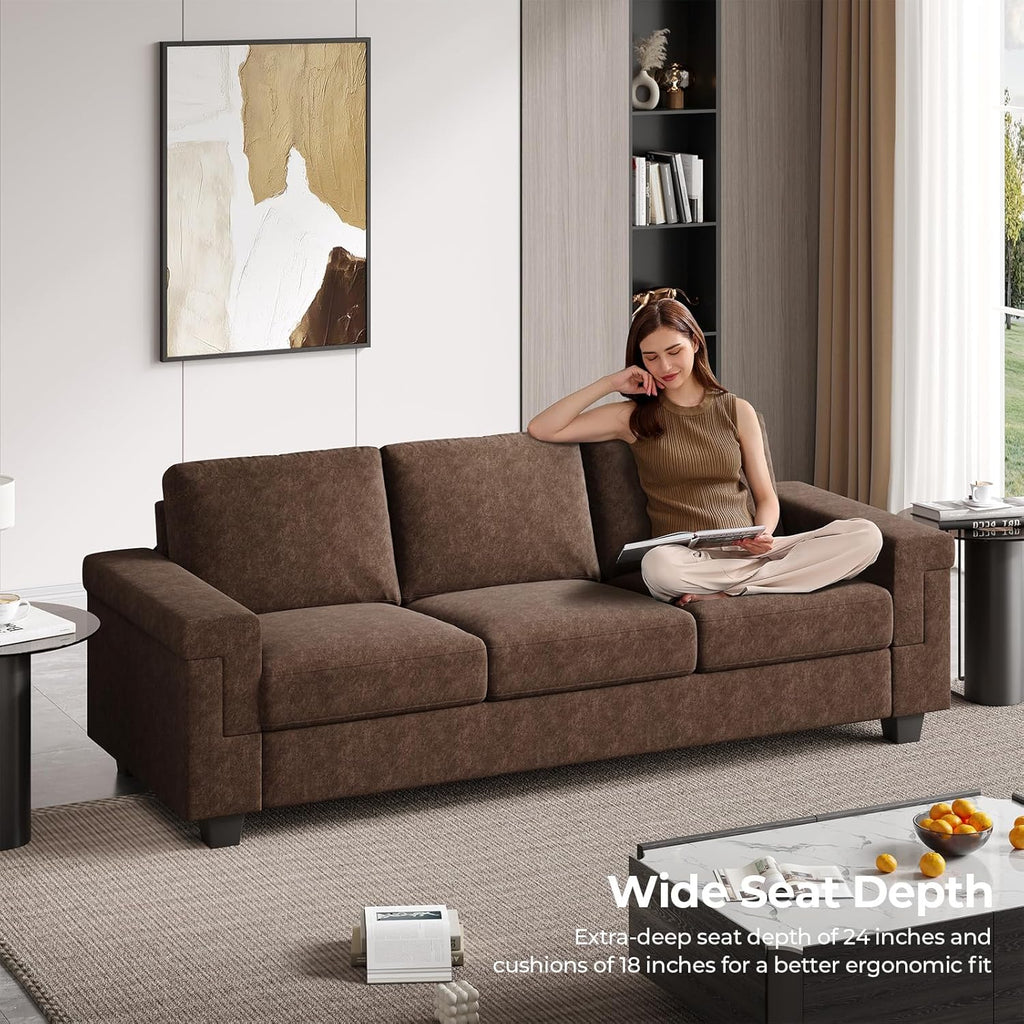 COPIAE 3 Seater Sofa Couch with Deep Seat, 90" Modern Upholstered Sofa with Armrests, Easy Installation, Comfy Couches for Living Room, Apartment,Dark Brown