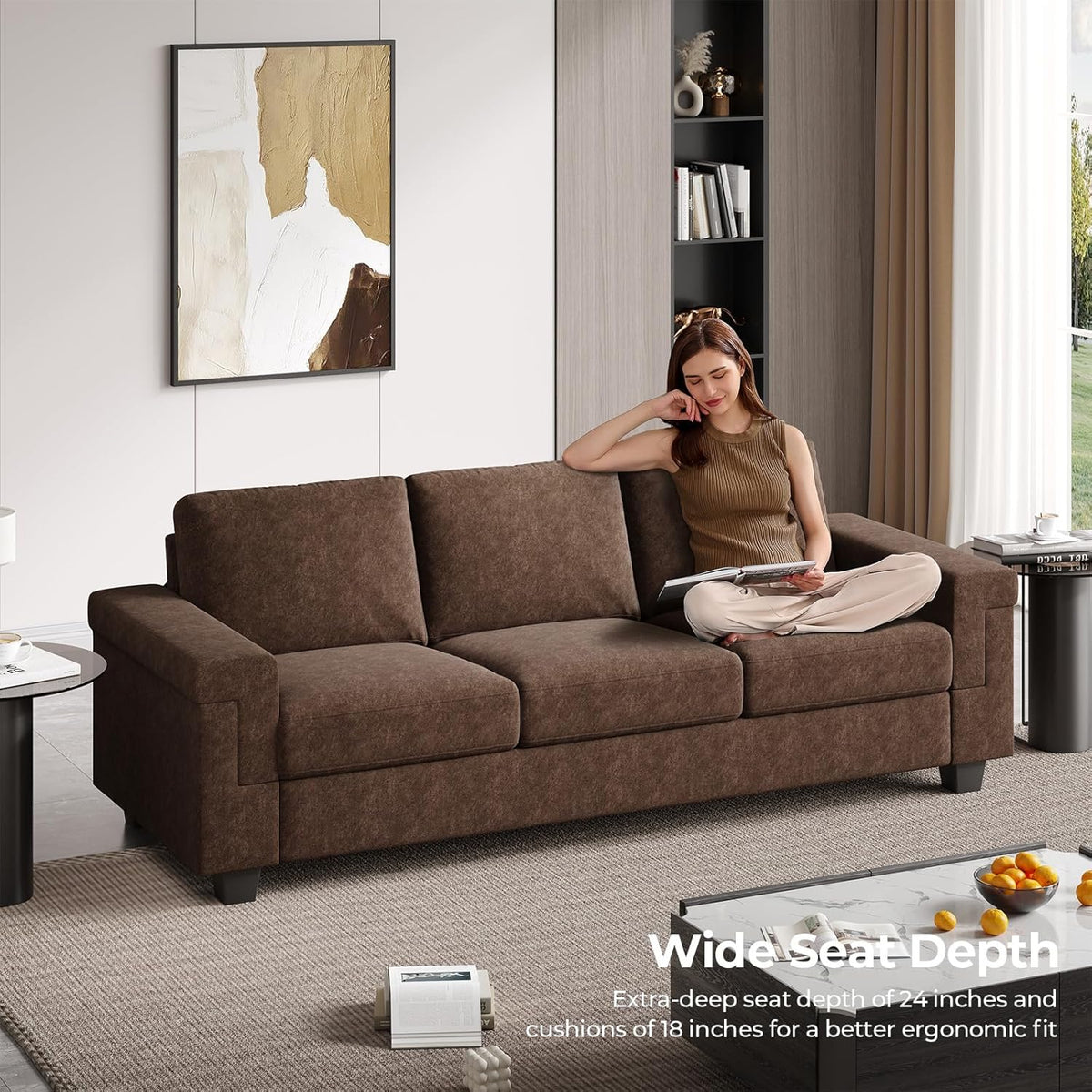 COPIAE 3 Seater Sofa Couch with Deep Seat, 90" Modern Upholstered Sofa with Armrests, Easy Installation, Comfy Couches for Living Room, Apartment,Dark Brown