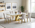 Luxury 7 Piece Dining Set, Modern 68.11" Faux Marble Dining Table with 6 Beige Velvet Dining Chairs, White Kitchen Table Set with Gold Stainless Steel Base, Rectangle Dining Room Table and Chairs Set