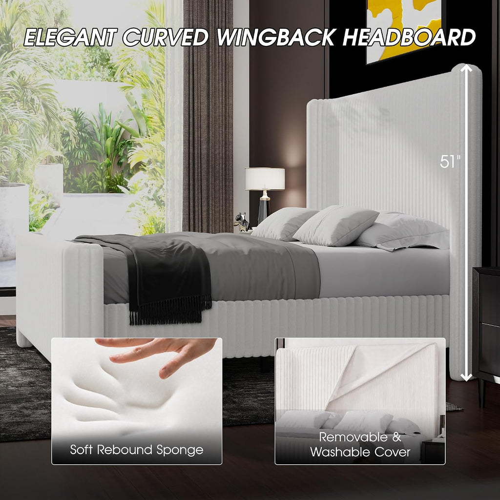 Ihanherry Queen Size Bed Frame with Faux-Fur Curved Wingback Headboard & Footboard, Upholstered Bed Frame with Removable & Washable Cover,Noise Free & Easy Assembly, No Box Spring Needed, White