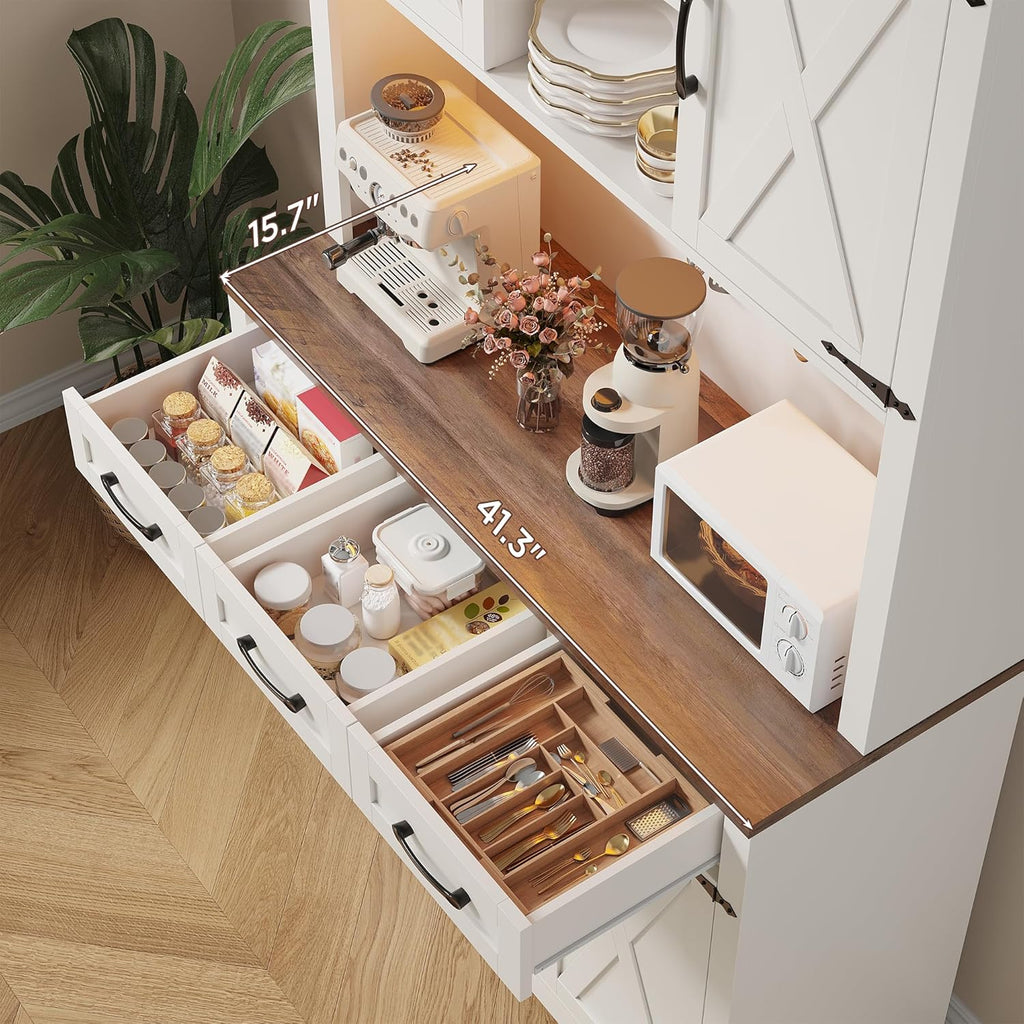 70.9" Tall Kitchen Pantry Cabinet with LED Light & Charging Station, Farmhouse Kitchen Hutch with Large Countertop & 10 Hooks, Kitchen Cabinet Storage with Drawers for Living Room, Dining Room, White