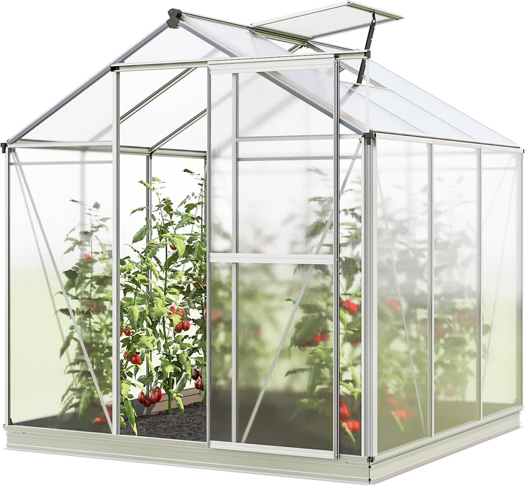Greenhouse Jasmin 3 Aluminum Frame - 6.3 x 6.3 ft Approx. 6 mm Polycarbonate Panels - Bonus Base Frame and Automatic Vent Opener